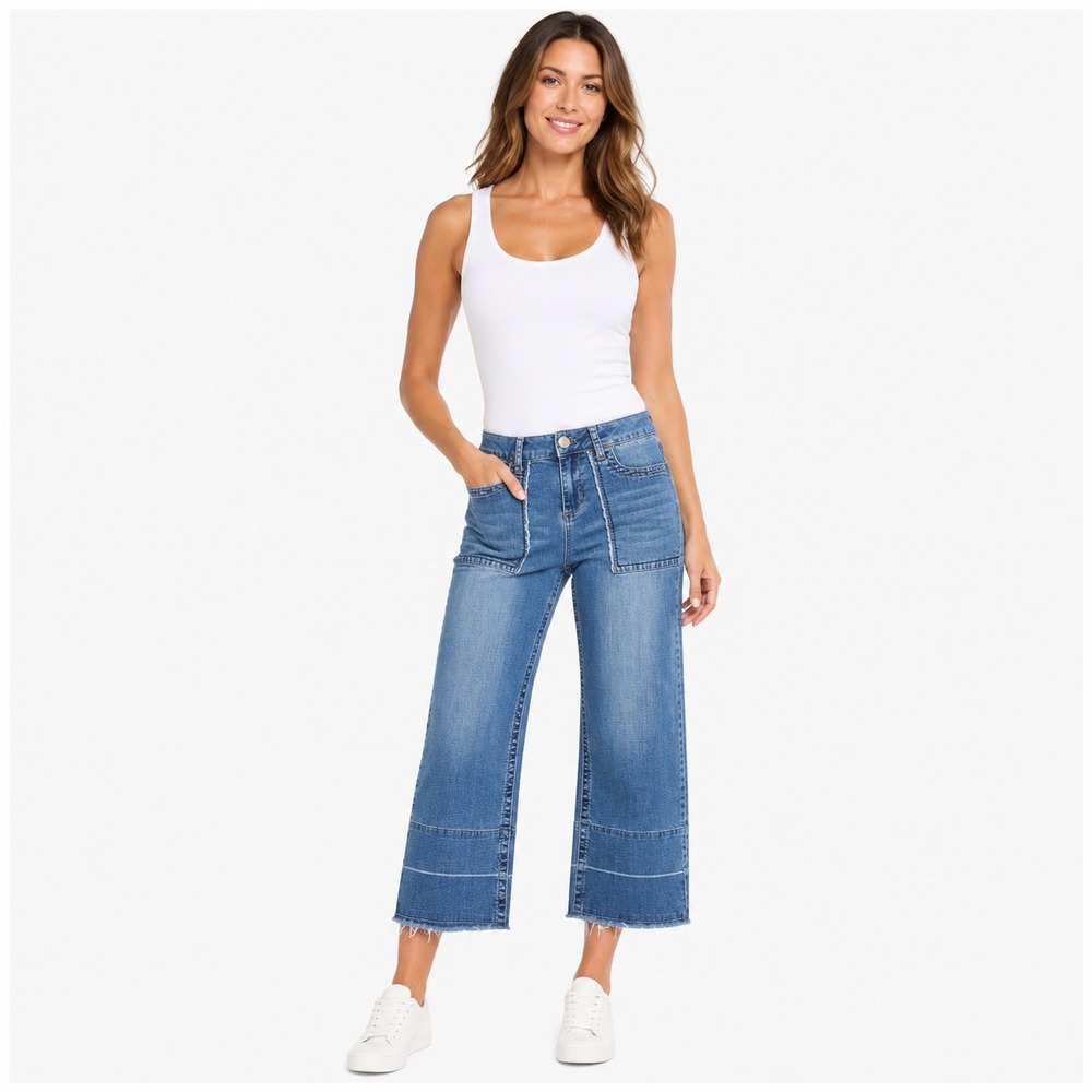 Seven7 Gaucho Wide Leg Crop Jeans Medium Wash Raw Hem Utility Pockets Size 4